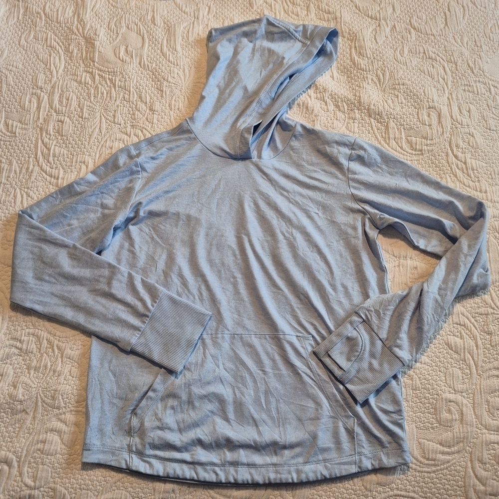 Athleta Girl size L or 12 light blue hooded long sleeve shirt pouch pocket EUC